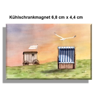 Kühlschrankmagnet Aquarell Maritim Kunst Druck Kunstdruck Nordsee Insel Norderney Strandkorb Badekarren Strand Meer Dünen